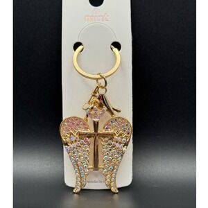 Angel Wings Cross Keychain Bling Rhinestone Gold Tone Bag Charm